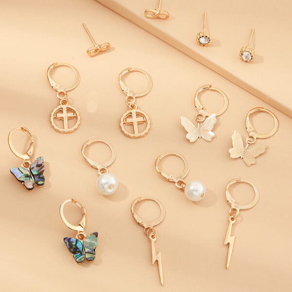 Multi-Element Lightning Cross Small Ear Ring Earings Set - Image 5