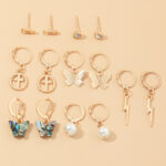Multi-Element Lightning Cross Small Ear Ring Earings Set