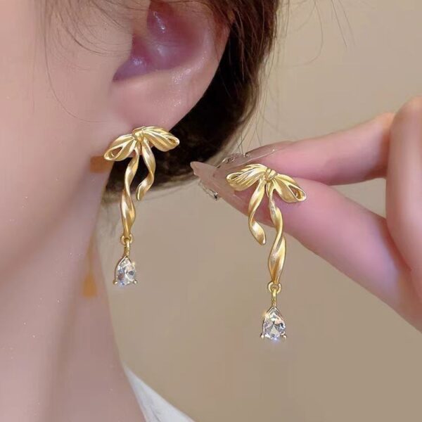 Bow Ribbon Zircon Stud Earrings For Women - Image 4